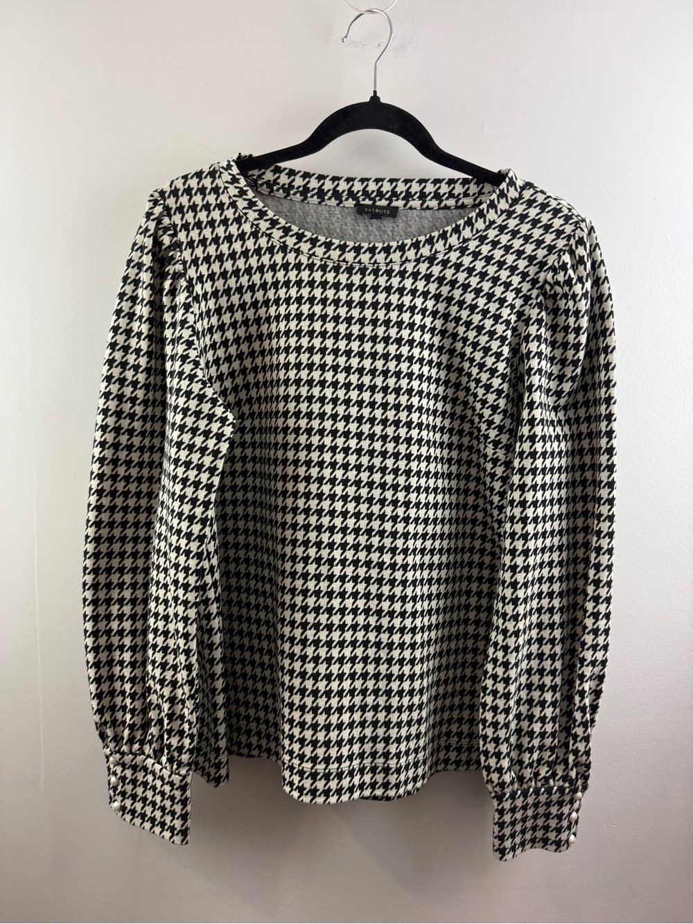 Talbots Houndstooth Puff Sleeve Top Pearl Button Cuffs Size M